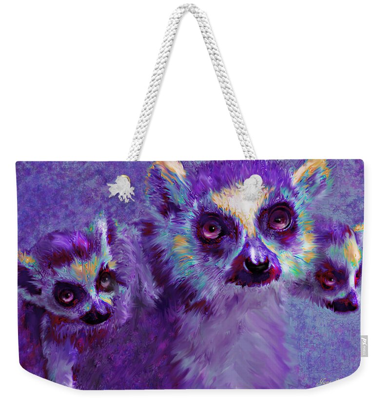 Lemur Weekender Tote Bag featuring the digital art Leaping Lemurs by Jane Schnetlage