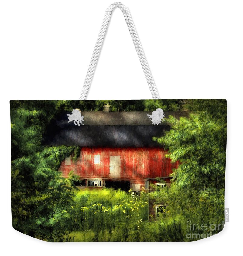 Barn Weekender Tote Bag featuring the digital art Leave Our Farms by Lois Bryan