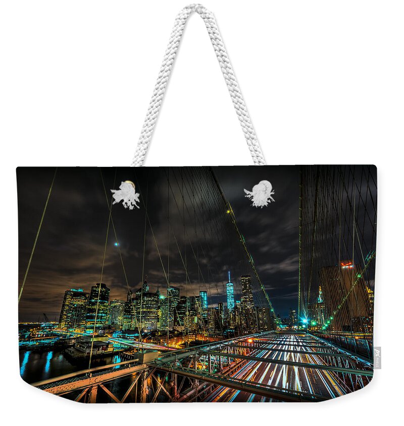 City Weekender Tote Bag featuring the photograph Leaving New York City via the Brooklyn Bridge by David Morefield
