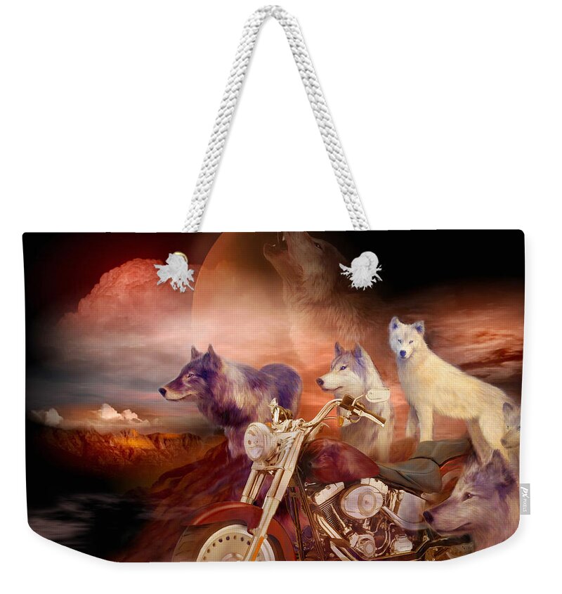 Wolf Weekender Tote Bag featuring the mixed media Legend Of Wolf Mountain by Carol Cavalaris