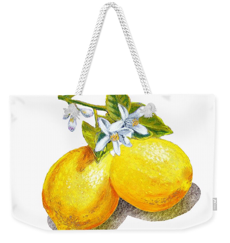 Lemon Weekender Tote Bag featuring the painting Lemons And Blossoms by Irina Sztukowski