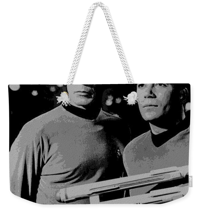 Leonard Weekender Tote Bag featuring the photograph Leonard Nimoy William Shatner Star Trek 1968 by Vintage Collectables