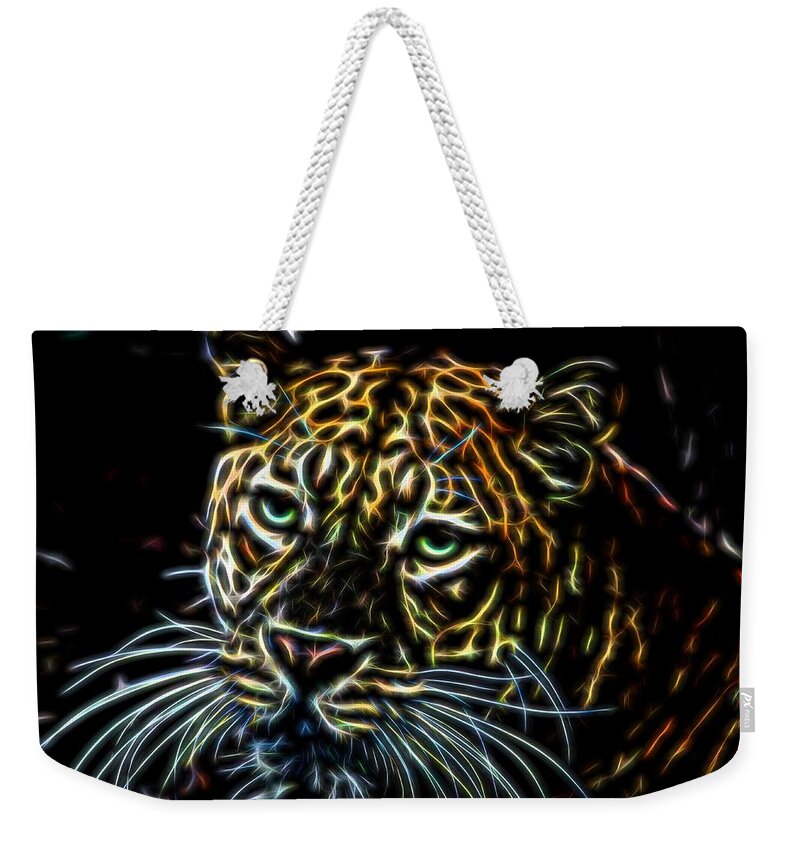 Leopard Weekender Tote Bag featuring the mixed media Leopard Glow by Judy Vincent