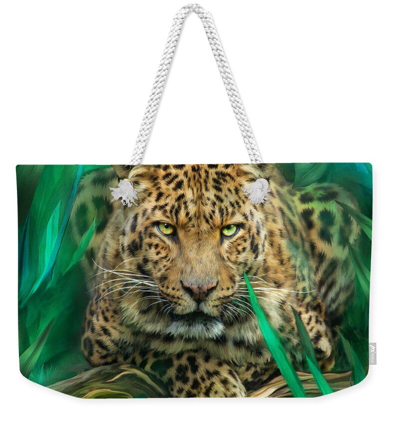 Leopard Weekender Tote Bag featuring the mixed media Leopard - Spirit Of Empowerment by Carol Cavalaris