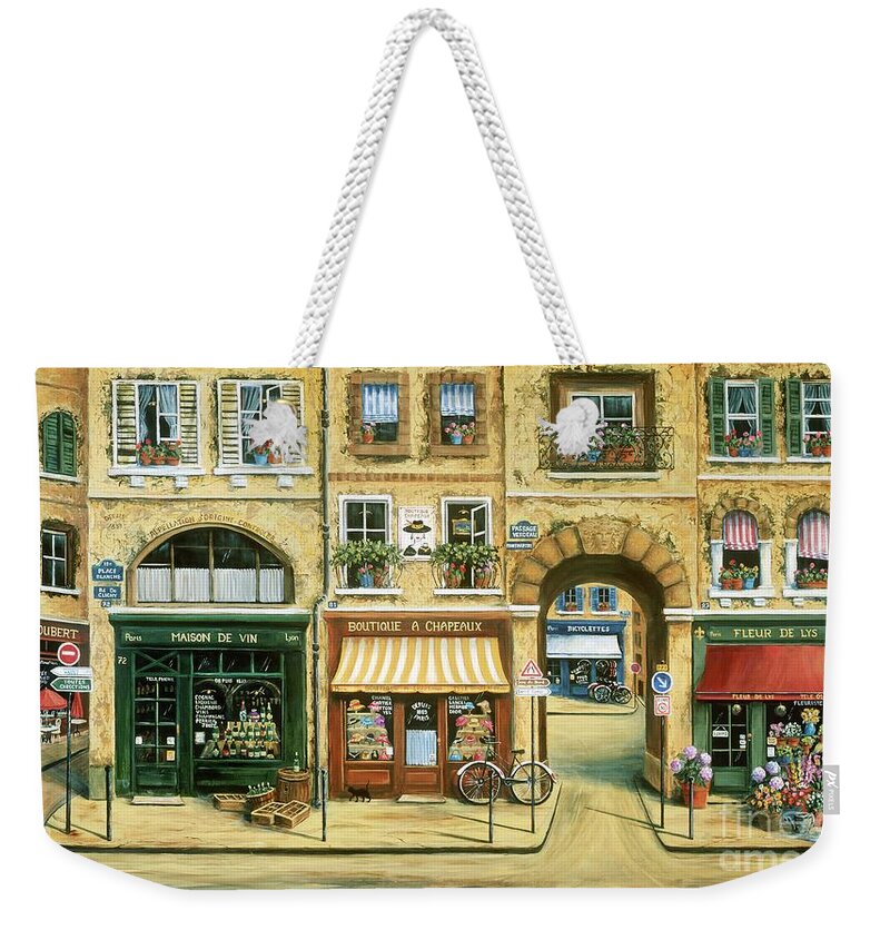 Wine Shop Weekender Tote Bag featuring the painting Les Rues de Paris by Marilyn Dunlap