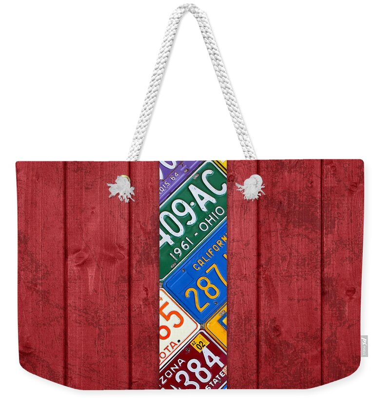 Letter Weekender Tote Bag featuring the mixed media Letter I Alphabet Vintage License Plate Art by Design Turnpike
