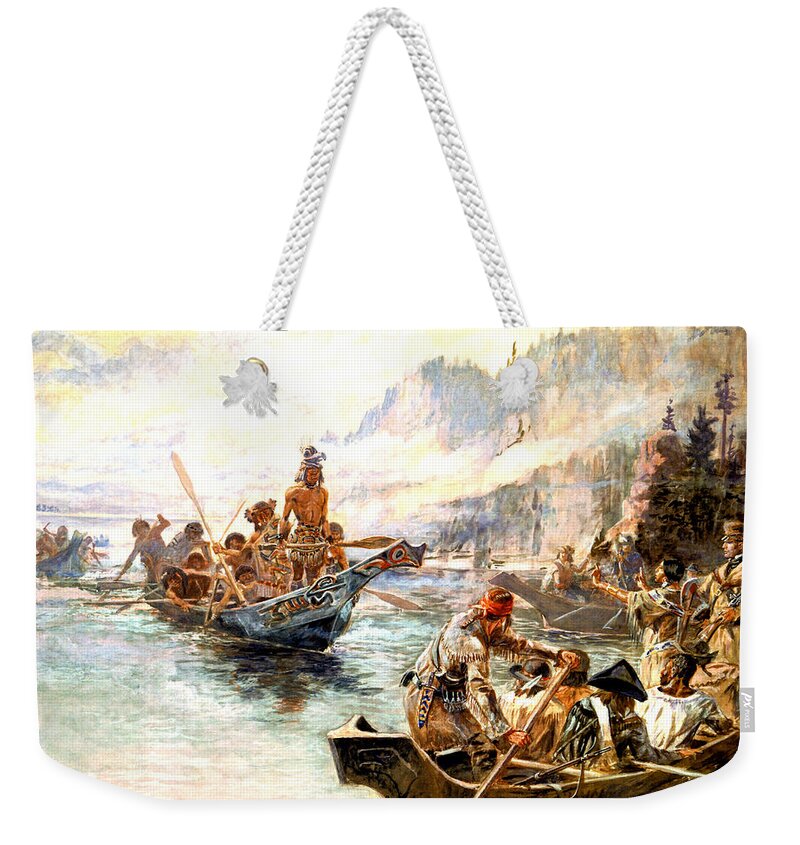 Lewis And Clark On The Lower Columbia Weekender Tote Bag featuring the digital art Lewis and Clark on the Lower Columbia by Charles Russell