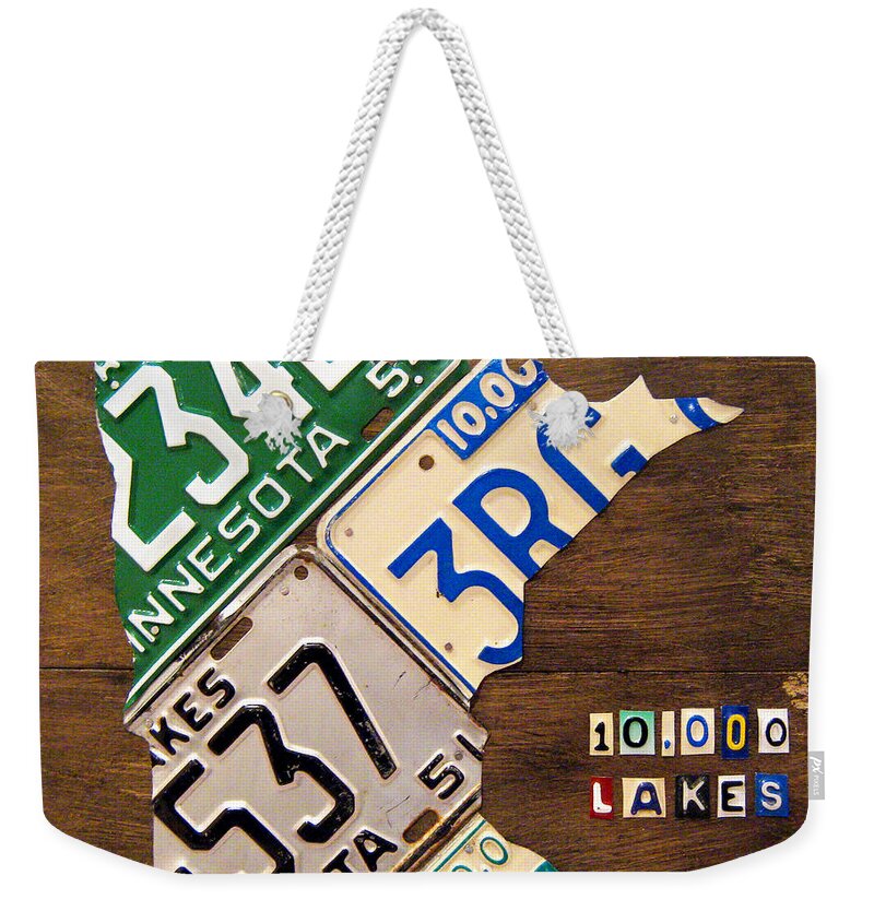Minnesota Weekender Tote Bag featuring the mixed media License Plate Map of Minnesota by Design Turnpike by Design Turnpike