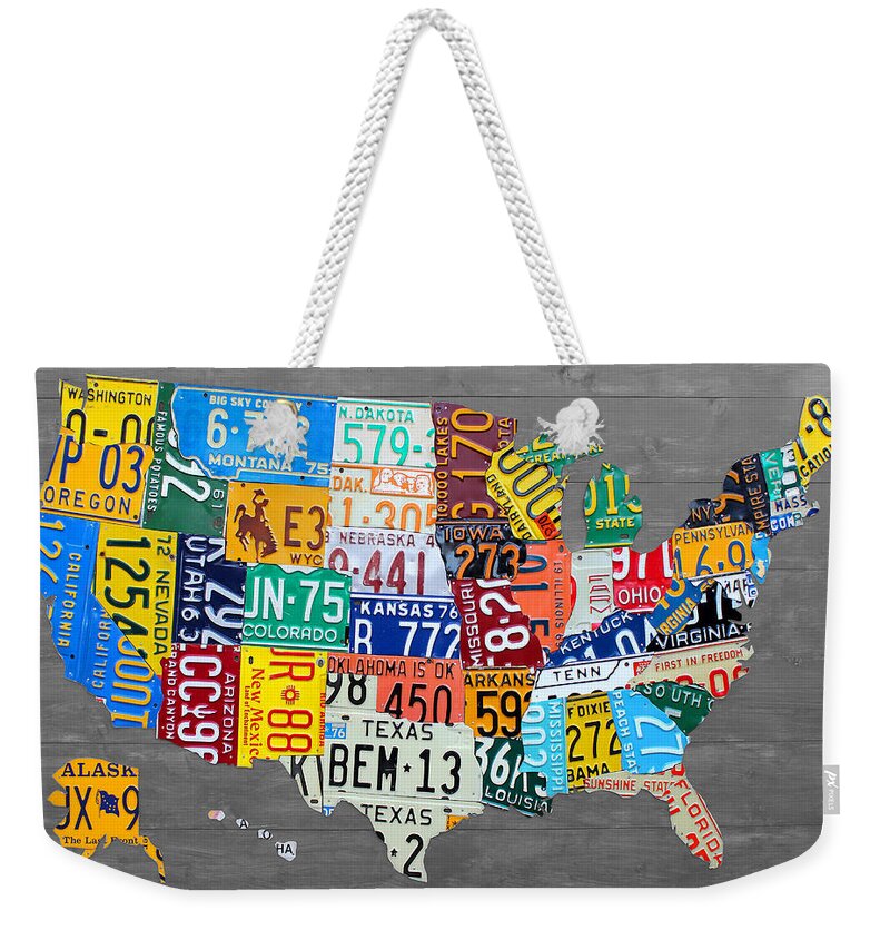 License Plate Map Weekender Tote Bag featuring the mixed media License Plate Map of The United States on Gray Wood Boards by Design Turnpike