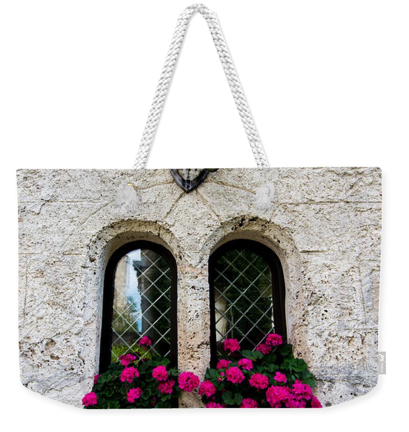 Lichtenstein Castle Weekender Tote Bag featuring the photograph Lichtenstein Castle Windows Wall and Antlers - Germany by Gary Whitton