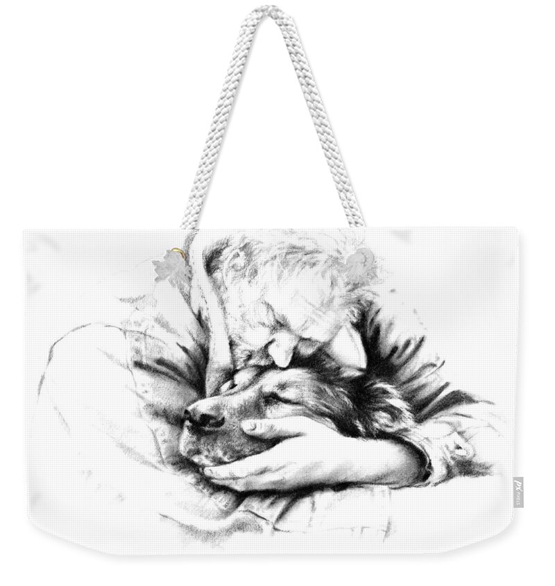 Dog Weekender Tote Bag featuring the drawing Life Together by Natasha Denger