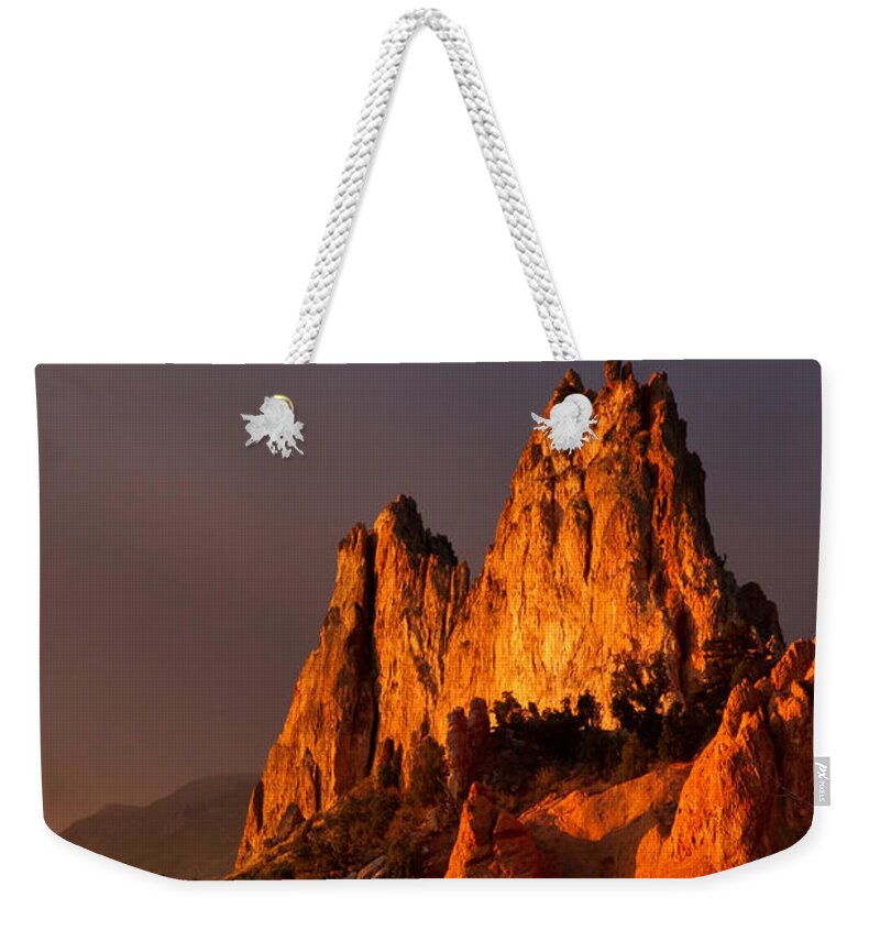 Garden Of The Gods Weekender Tote Bag featuring the photograph Light on the Rocks by Ronda Kimbrow