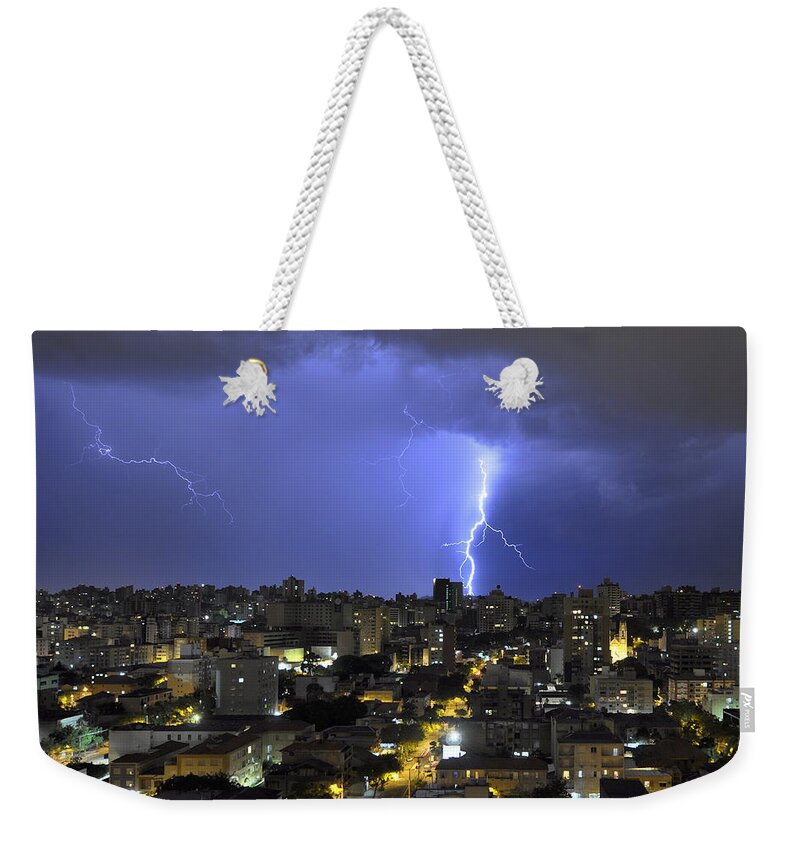Thunderstorm Weekender Tote Bag featuring the photograph Lightning At Sheraton Hotel by Paulo Hoeper