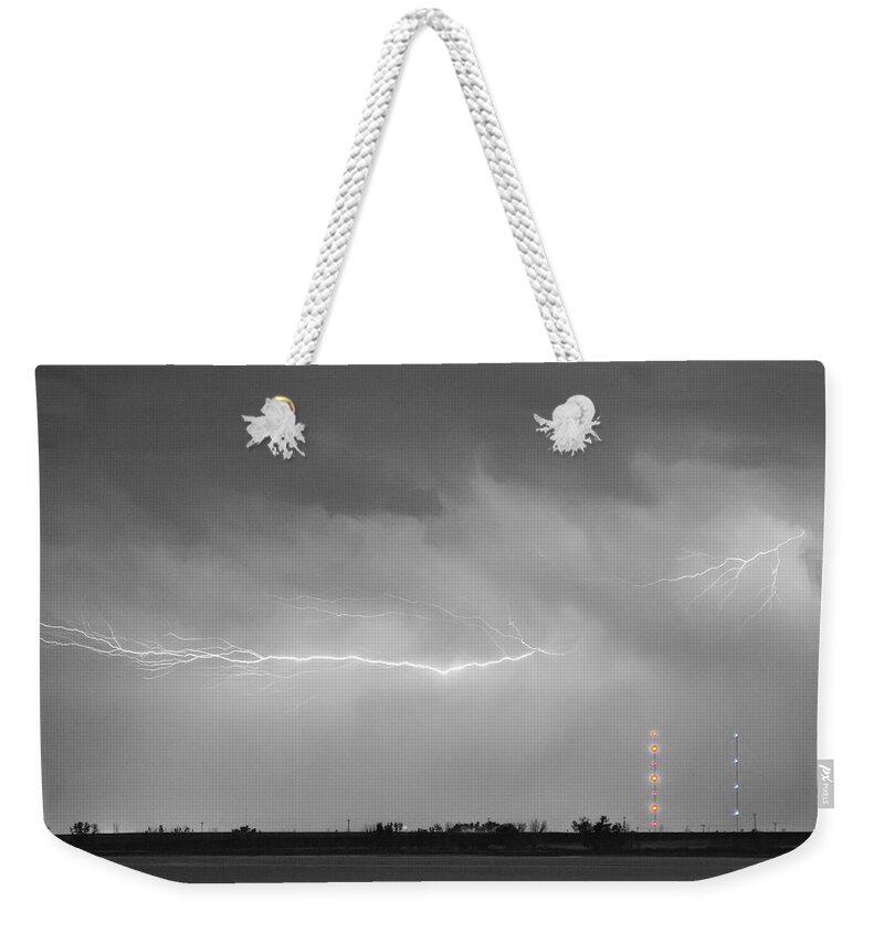 Lightning Weekender Tote Bag featuring the photograph Lightning Bolting Across the Sky BWSC by James BO Insogna