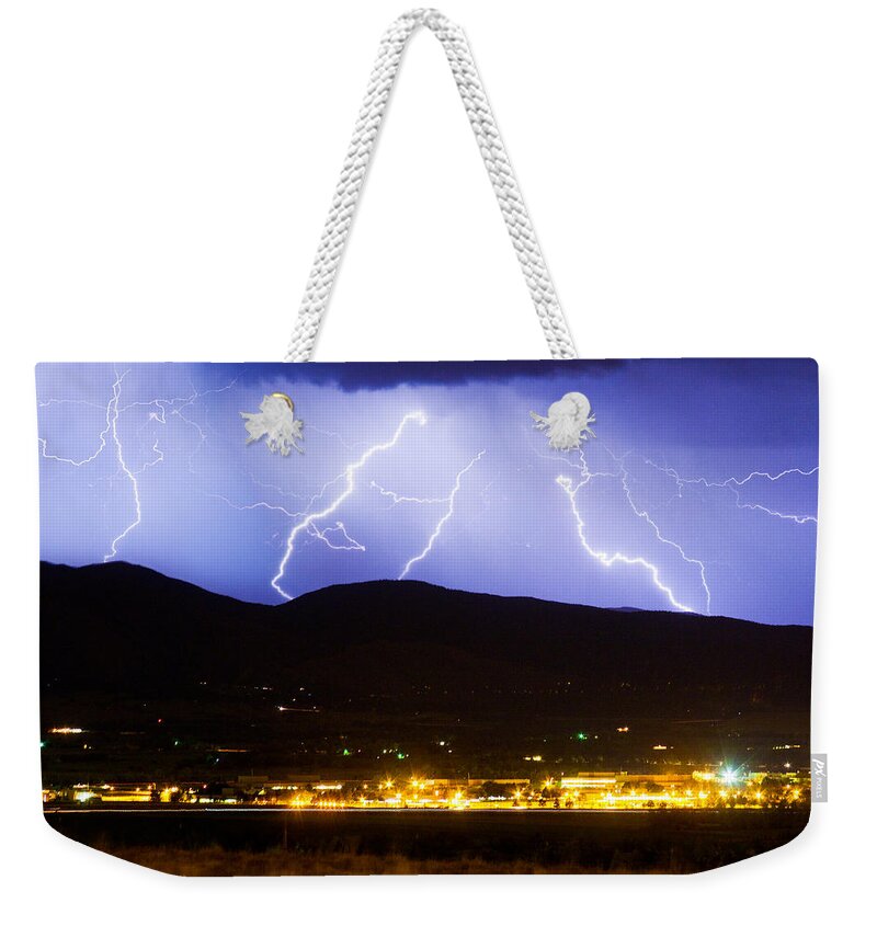 Lightning Weekender Tote Bag featuring the photograph Lightning Striking Over IBM Boulder CO 3 by James BO Insogna