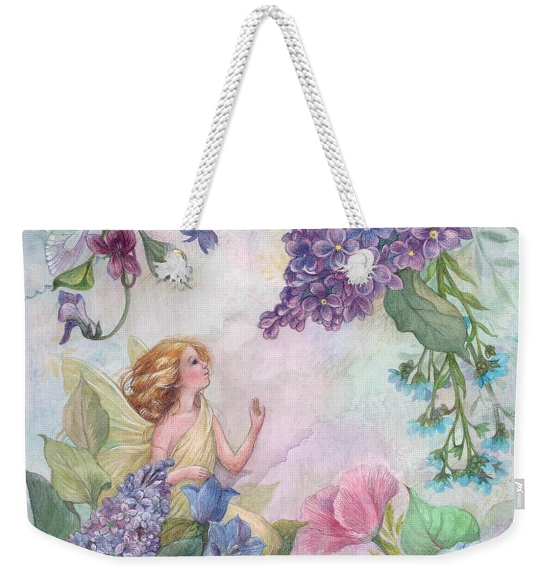 Enchanting Weekender Tote Bag featuring the painting Lilac enchanting Flower fairy by Judith Cheng