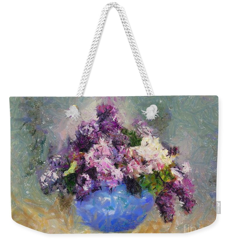 Stilllife Weekender Tote Bag featuring the painting Lilac In Blue Vase by Dragica Micki Fortuna