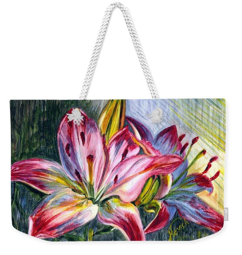 Lily Weekender Tote Bag featuring the painting Lilies twin by Harsh Malik