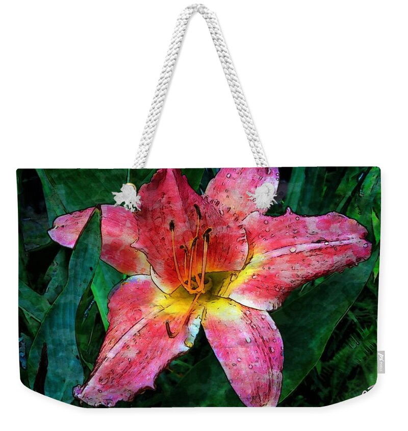 Daylily Weekender Tote Bag featuring the photograph Lilly of the Rain by John Duplantis
