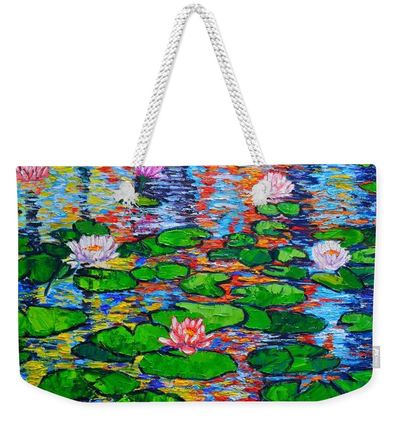Lilies Weekender Tote Bag featuring the painting Lily Pond Colorful Reflections by Ana Maria Edulescu