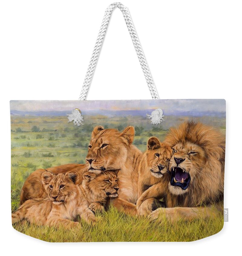Lion Weekender Tote Bag featuring the painting Lion Family by David Stribbling