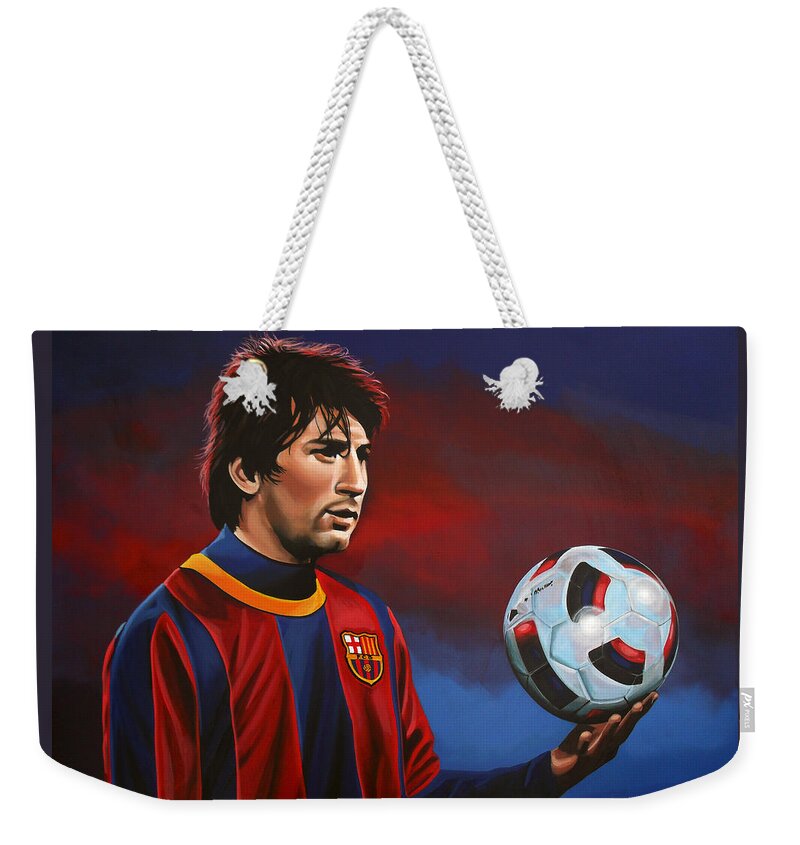Lionel Messi Weekender Tote Bag featuring the painting Lionel Messi 2 by Paul Meijering