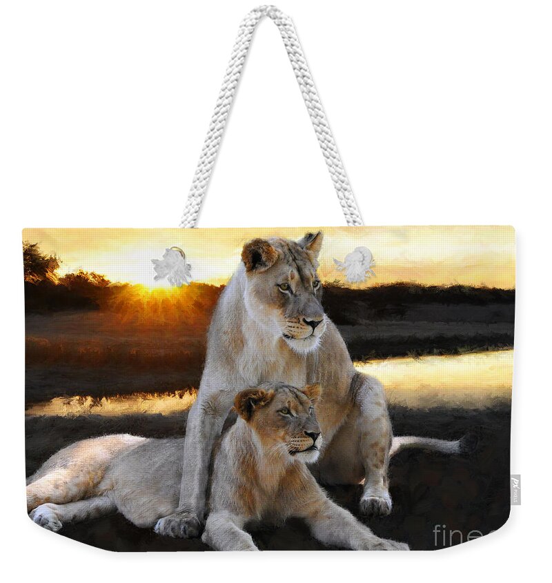 Lioness Weekender Tote Bag featuring the painting Lioness Protector by Constance Woods