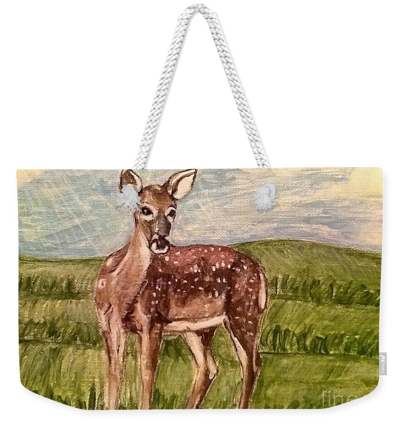 Nature Scene Doe Female Deer Deer Painting Spiritual Message Golden Brown And Chestnut Brown With White Spots Green Rolling Hills With Grass Soft Blue Skies Soft Sunlight Pastel Colors Acrylic Painting Weekender Tote Bag featuring the painting Listening to the Creator's Voice by Kimberlee Baxter