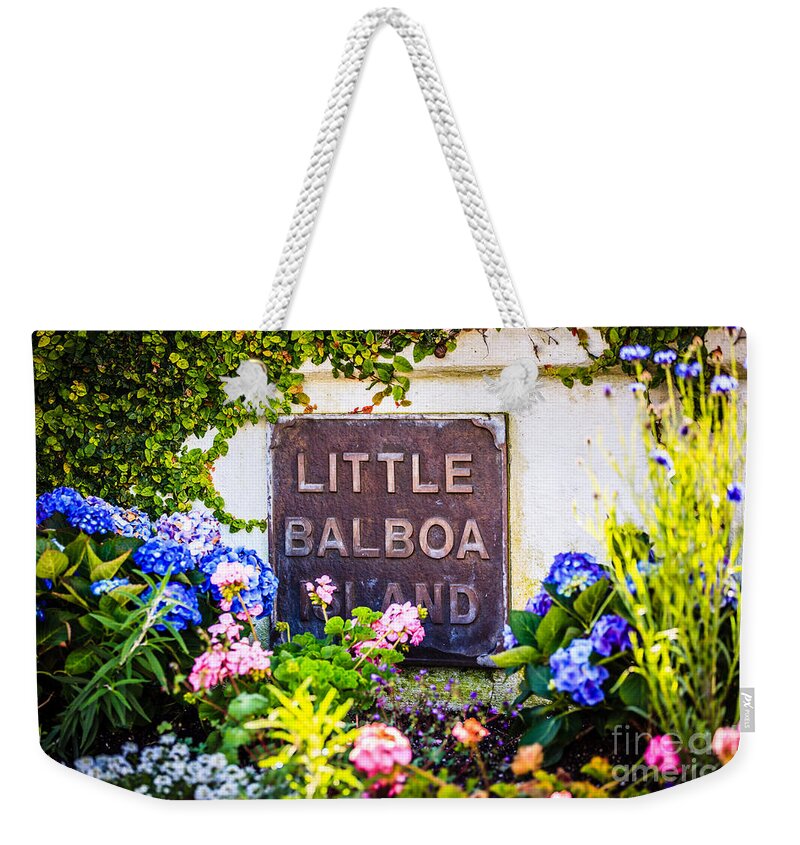 America Weekender Tote Bag featuring the photograph Little Balboa Island Sign in Newport Beach California by Paul Velgos