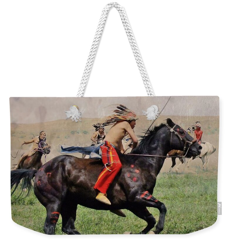 American Indian Weekender Tote Bag featuring the mixed media Little BigHorn Reenactment 1 by Kae Cheatham