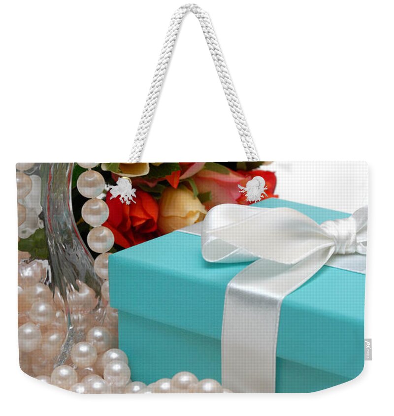 Anniversary Weekender Tote Bag featuring the photograph Little Blue Gift Box with Pearls and Flowers by Amy Cicconi