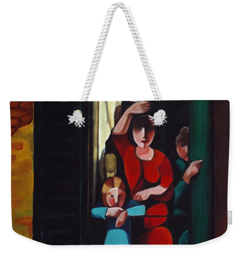Mediterranean Art Weekender Tote Bag featuring the painting Little Girl At Window by William Cain