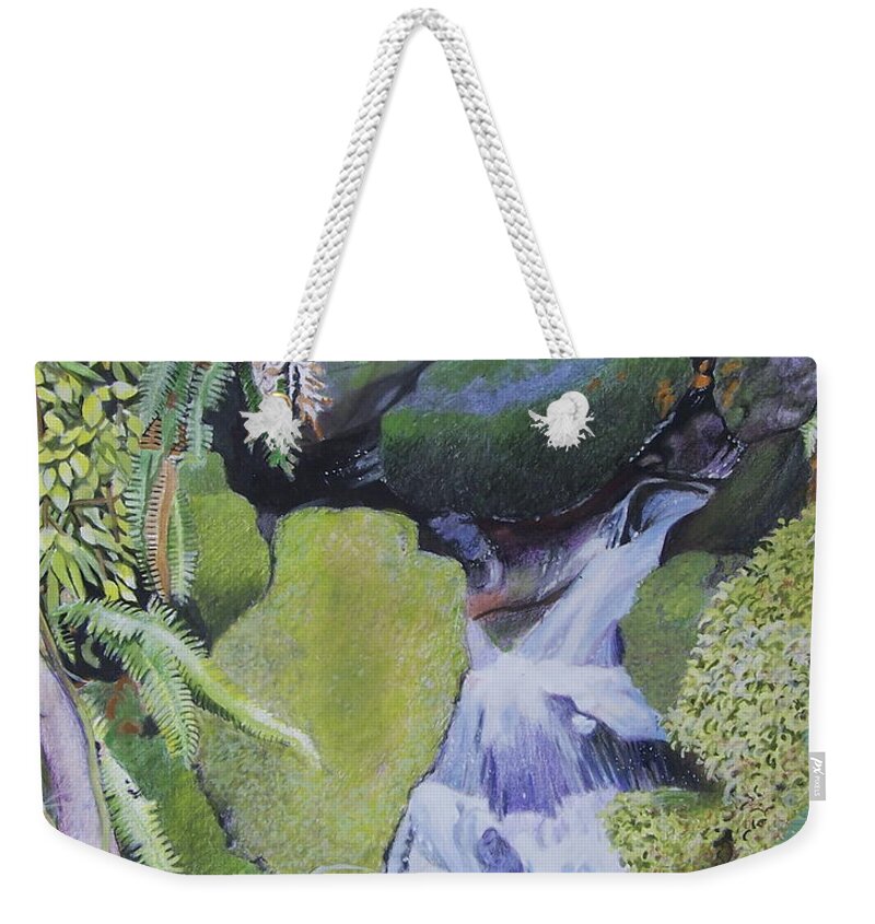 Green Weekender Tote Bag featuring the mixed media Small Waterfall by Constance DRESCHER