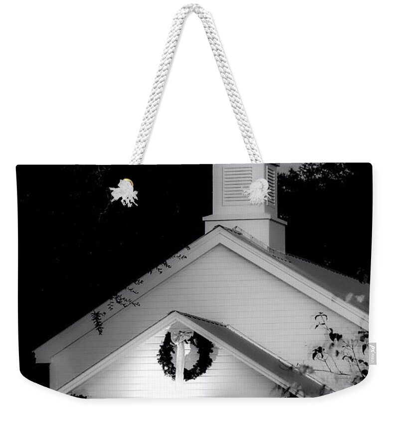 Church Weekender Tote Bag featuring the photograph Little White Church BW by Debra Forand