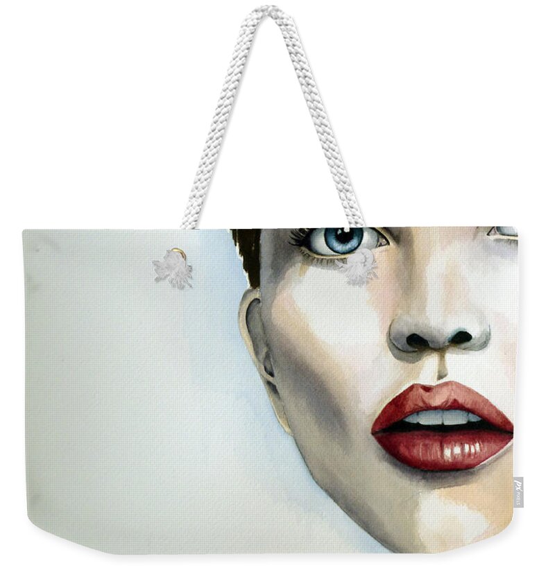 Woman With Surprised Shocked Expression Weekender Tote Bag featuring the painting Living on the Edge by Michal Madison