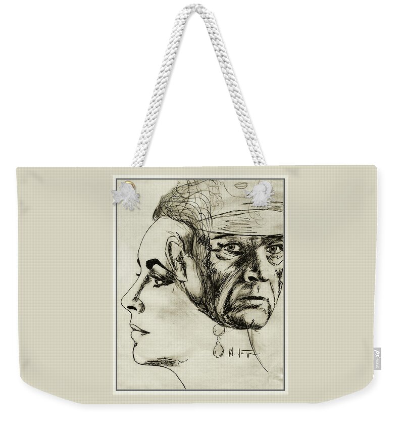 Richard Burton Weekender Tote Bag featuring the drawing LIZ and RICHARD by Hartmut Jager