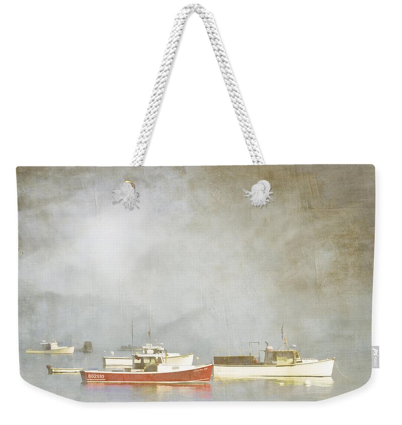 Boat Weekender Tote Bag featuring the photograph Lobster Boats at Anchor Bar Harbor Maine by Carol Leigh