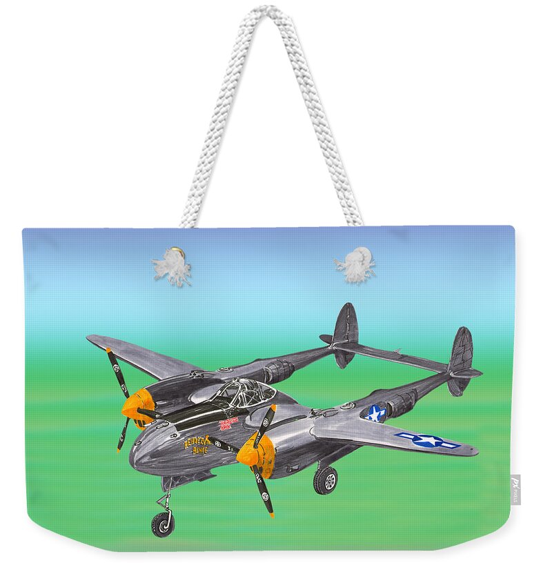 Aviation Art Of The Lockheed P-38 Lightning Which A World War Ii American Fighter Aircraft Was Built By Lockheed Weekender Tote Bag featuring the painting Lockheed P 38 Lightning by Jack Pumphrey