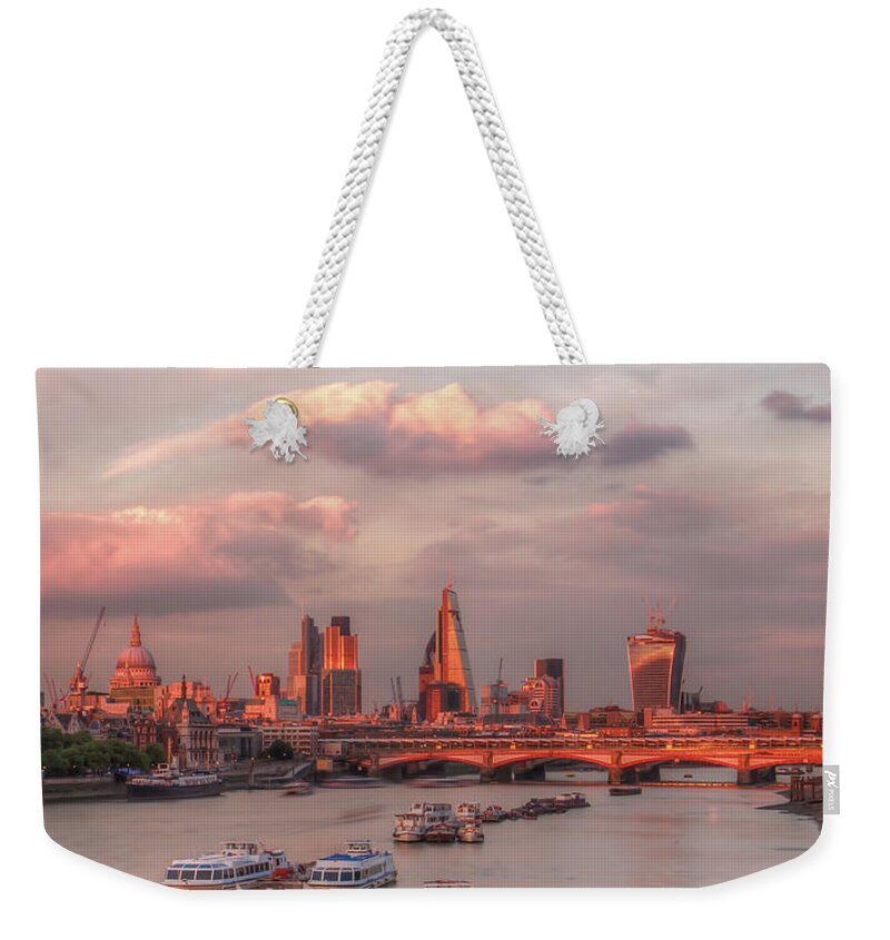 Downtown District Weekender Tote Bag featuring the photograph London Financial District In Sunset by Tu Xa Ha Noi