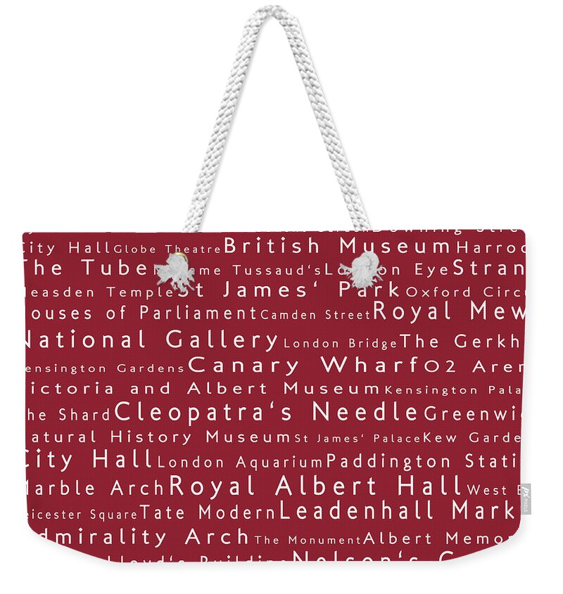 Cities Weekender Tote Bag featuring the photograph London in Words Red by Sabine Jacobs