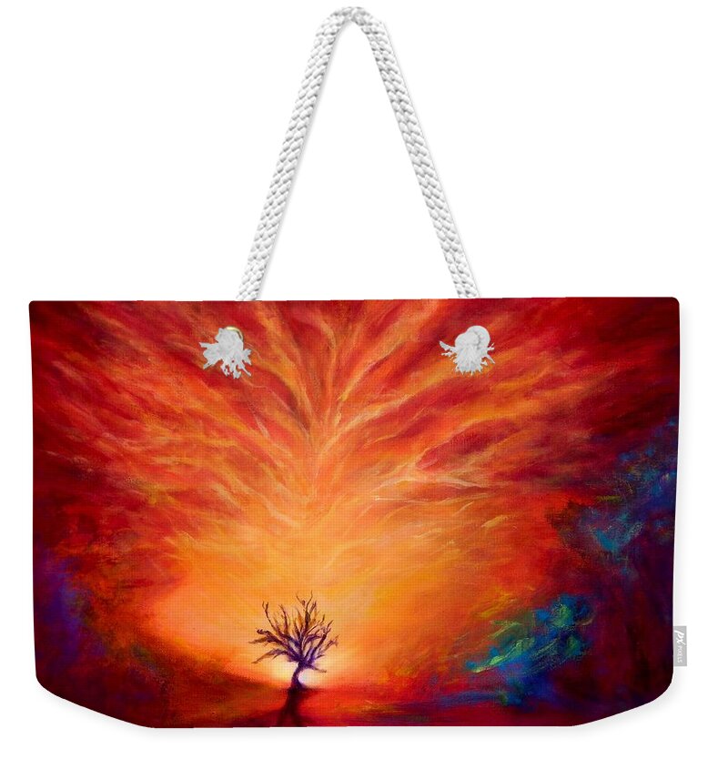 Lonely Weekender Tote Bag featuring the painting Lonely Tree and Crazy sky by Lilia S