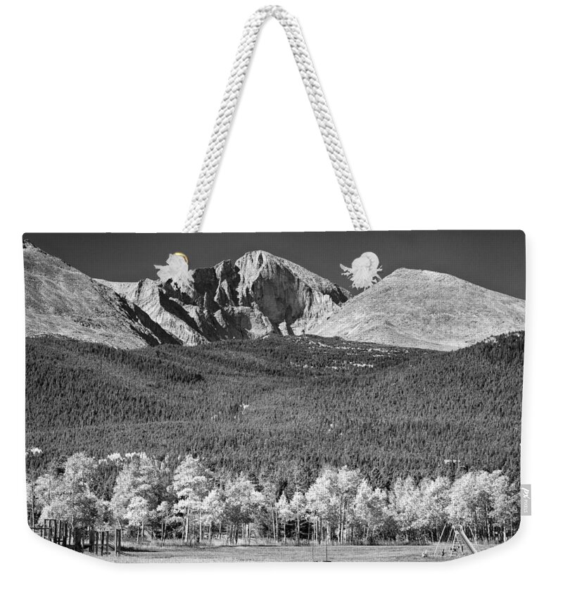 Longs Peak Weekender Tote Bag featuring the photograph Longs Peak a Colorado Playground In Black and White by James BO Insogna