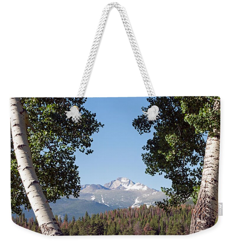Colorado Weekender Tote Bag featuring the photograph Longs Peak in Upper Beaver Meadows in Rocky Mountain National Park by Fred Stearns
