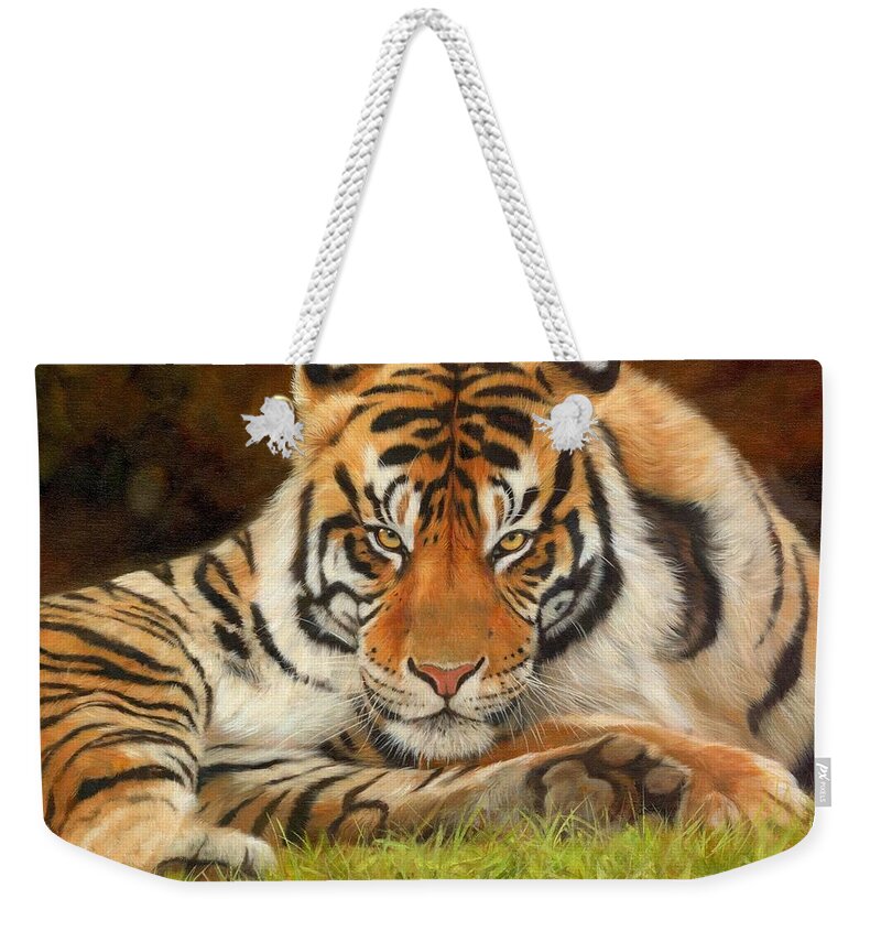 Tiger Weekender Tote Bag featuring the painting Look Into My Eyes by David Stribbling