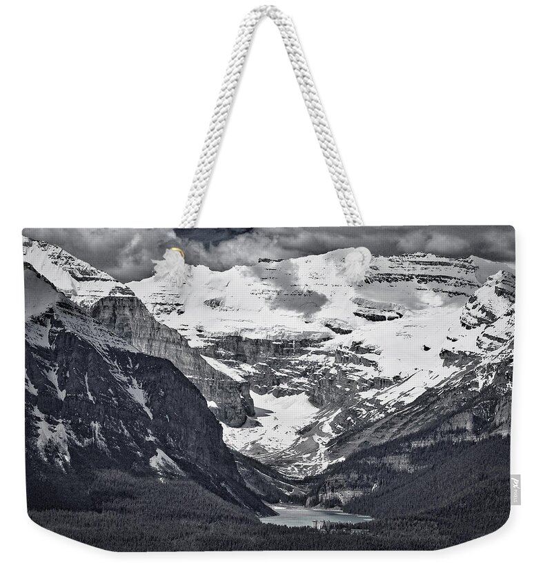 Lake Louise Weekender Tote Bag featuring the photograph Looking Down at Lake Louise - Black and White #2 by Stuart Litoff