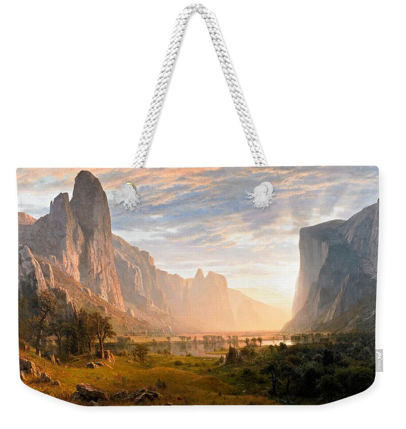 Albert Bierstadt Weekender Tote Bag featuring the painting Looking down Yosemite Valley by Albert Bierstadt