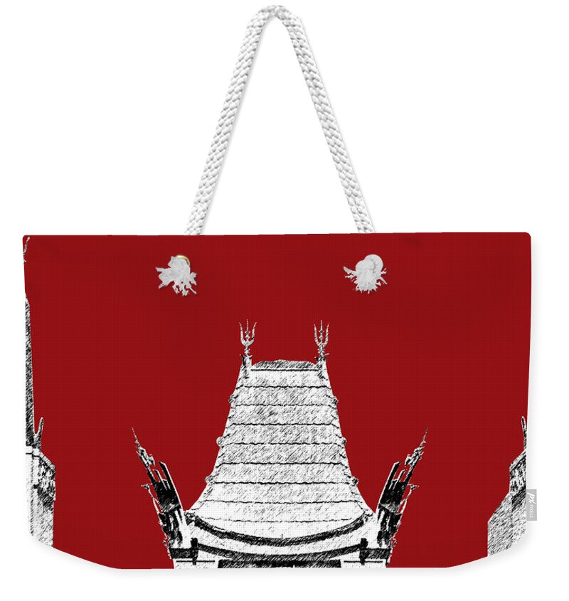 Architecture Weekender Tote Bag featuring the digital art Los Angeles Skyline Graumans Chinese Theater - Dark Red by DB Artist