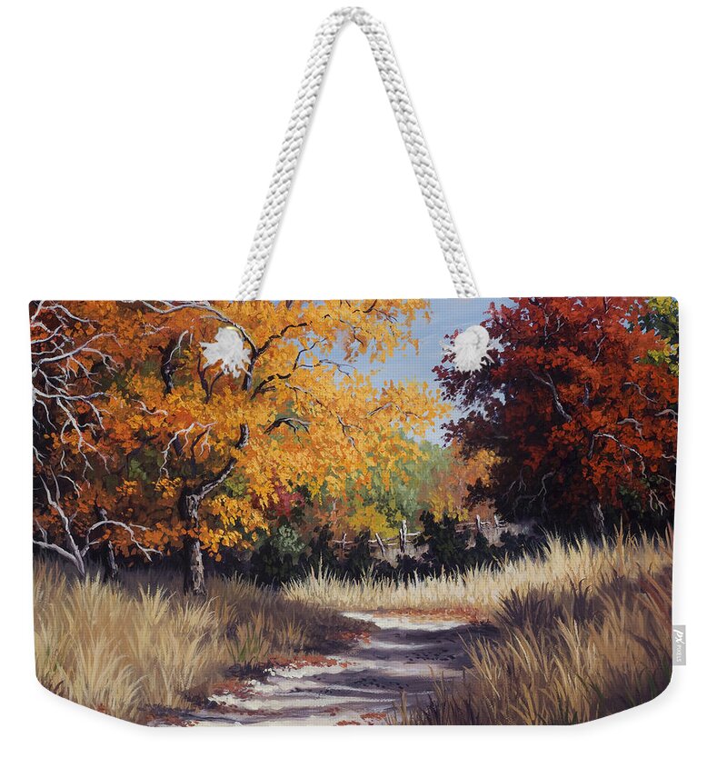 Autumn Landscapes Weekender Tote Bag featuring the painting Lost Maples Trail by Kyle Wood