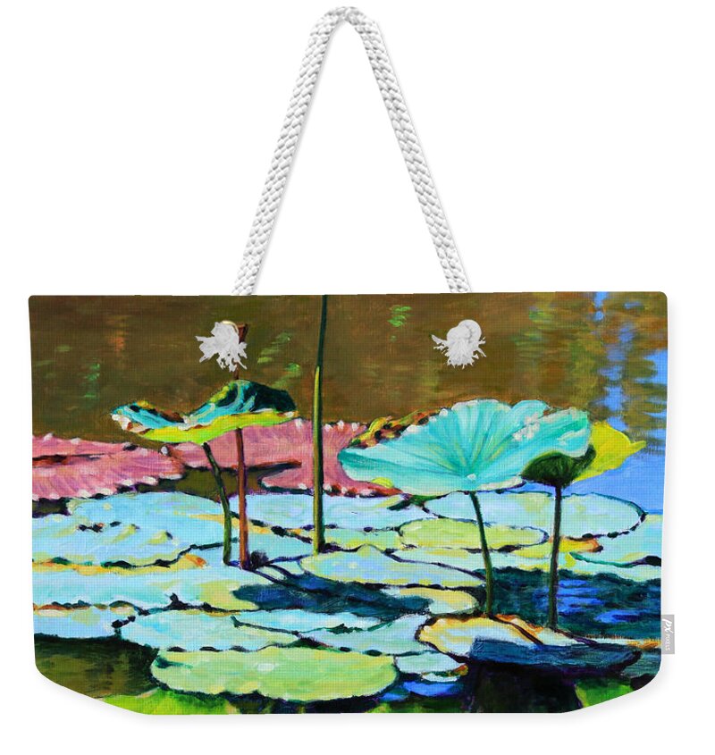 Lotus Weekender Tote Bag featuring the painting Lotus Above the Lily Pads by John Lautermilch