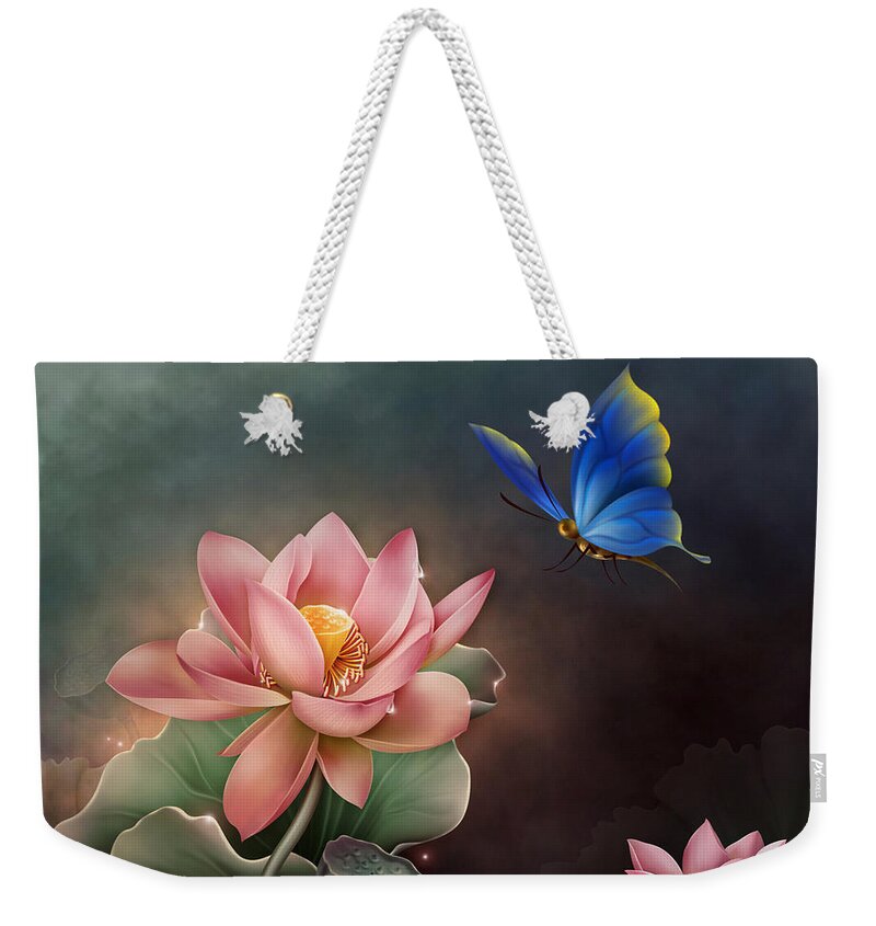 Lotus Flower Weekender Tote Bag featuring the digital art Lotus Flower and blue butterfly by John Junek